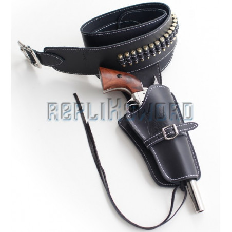 Ceinturon Cowboy Porte Pistolet - Cuir Marron Gravé - 1 Place Pour Revolver - Cartouchière 24 Balles - Taille 98-118 Cm