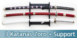 Lot 3 Katanas Tout en Bois One Piece Epees + Support 3 Places