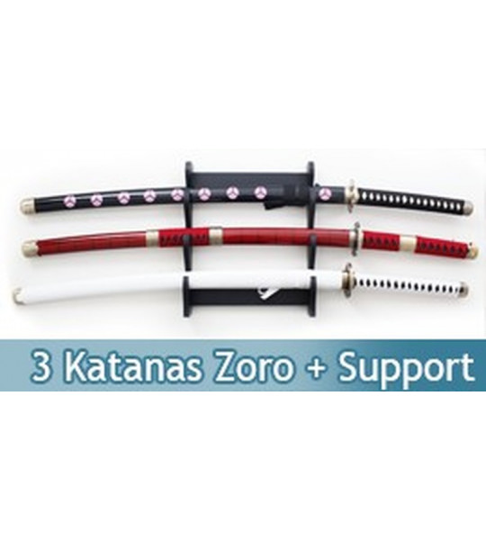 Lot 3 Katanas Tout en Bois One Piece Epees + Support 3 Places