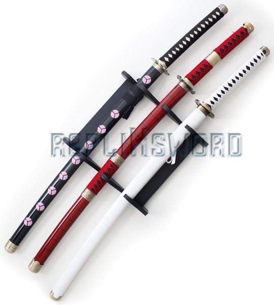 Lot 3 Katanas Tout en Bois One Piece Epees + Support 3 Places